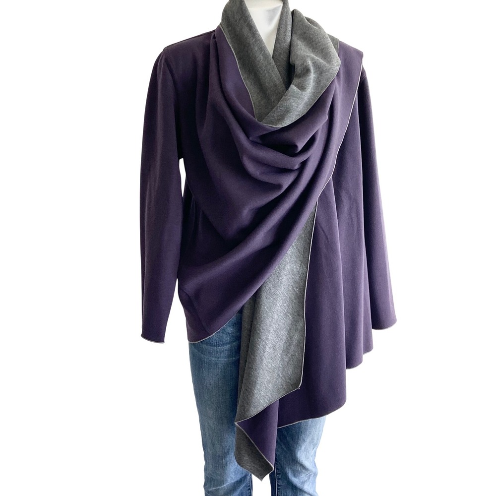 Chicos Reversible Open Front Cardigan Wrap Purple Gray Size 2 L XL Asymmetrical